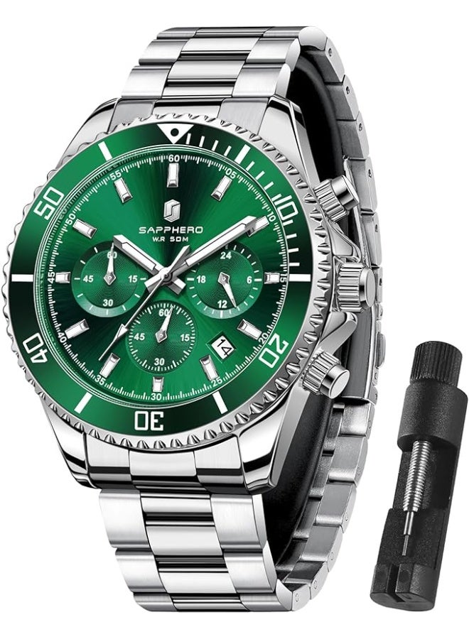 SAPPHERO Men's Stainless Steel Chronograph Watch, 50M Water Resistant, Analog Quartz Watch with Date, Classic Luxury Fashion Watch, Elegant Gift for Men - Image 1